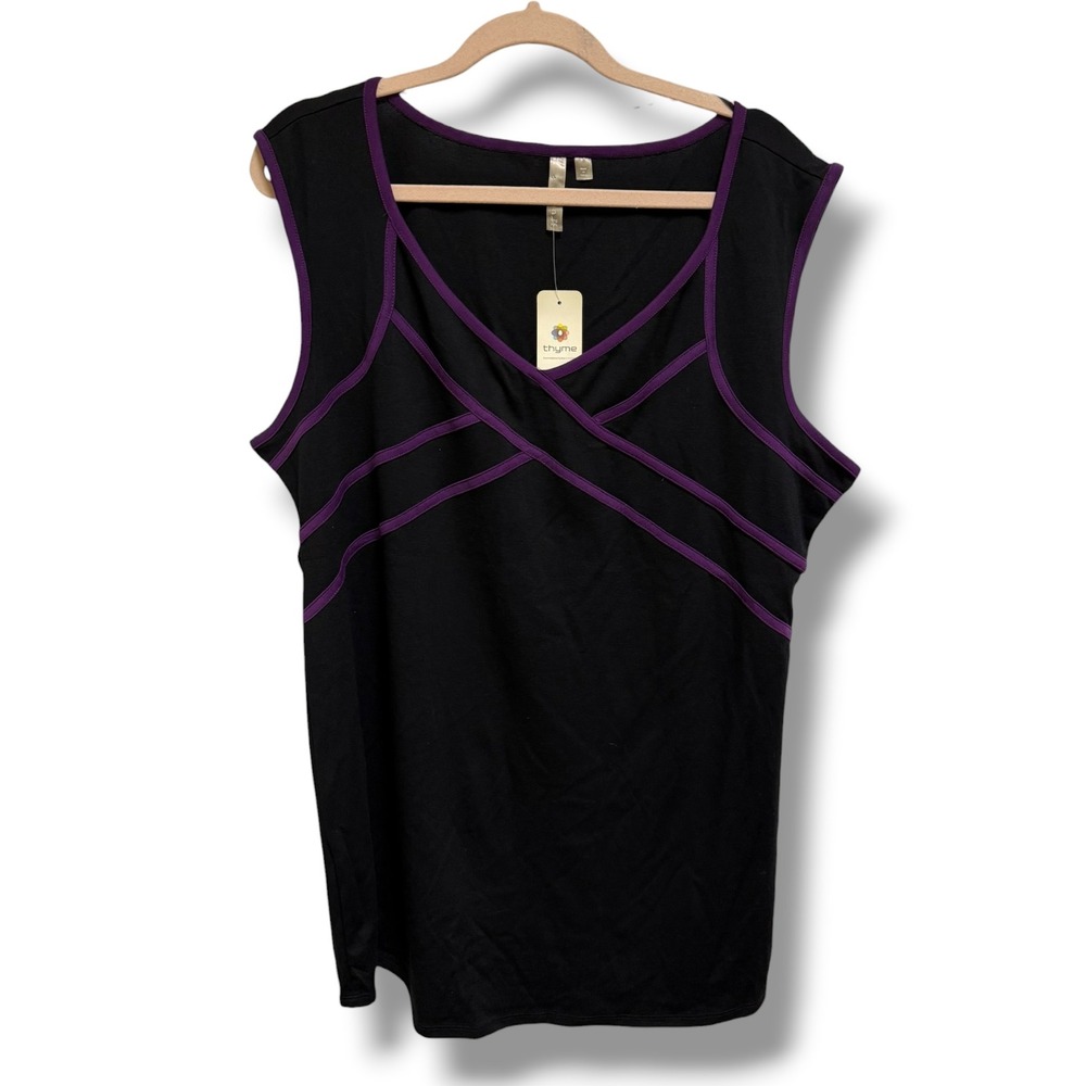 Thyme Maternity Tank Top XXL Black Purple Contrast Trim Criss‎ Cross Scoop Neck